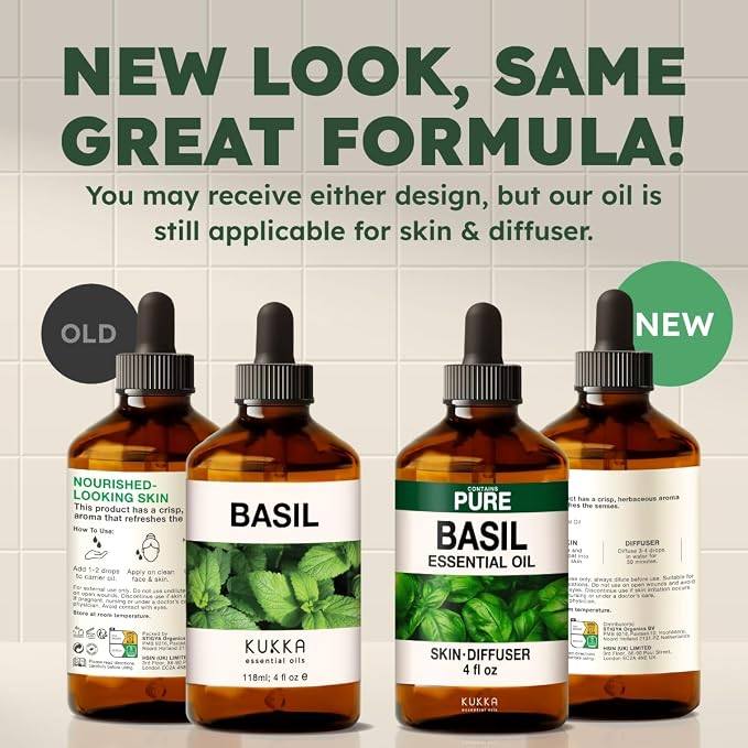 Kukka 100% Pure Basil Essential Oil for Skin, Diffuser, 4 Fl Oz | Undiluted Basil Oil for Scalp Care, Clarifying Skin Care, Uplifting Diffuser Blends & DIY Soap Making