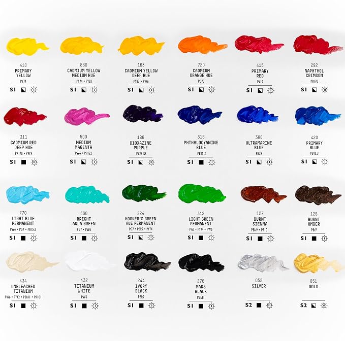 Liquitex BASICS Acrylic Paint Set, 24 x 22ml (0.74-oz) Tube Paint Set | Medium Viscosity, Satin Finish, Lightfast, Fine Art Pigments, Range of Opacities, Easy Blending