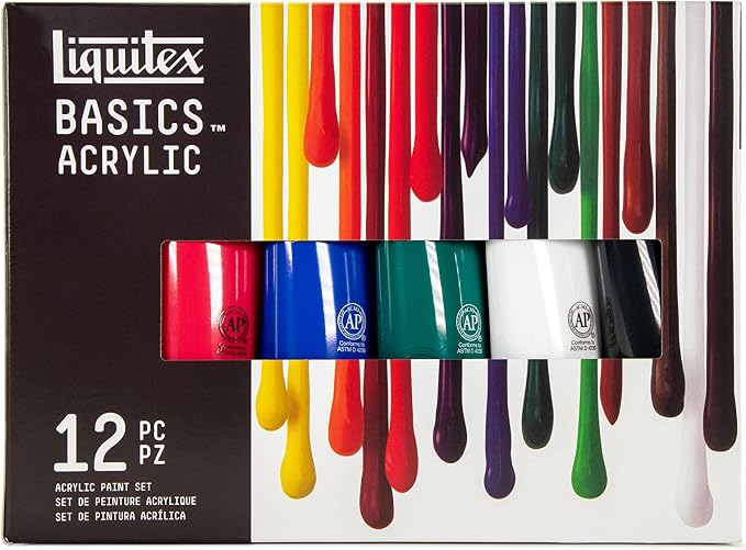 Liquitex BASICS Acrylic Paint Set, 12 x 118ml (4-oz) Tube Paint Set | Medium Viscosity, Satin Finish, Lightfast, Fine Art Pigments, Range of Opacities, Easy Blending