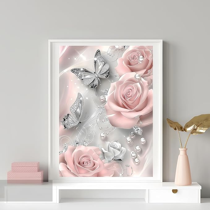 5D Diamond Painting Kits for Adults, Butterfly Rose Flower Diamond Art Kits | DIY Full Drill Diamond Dot Gem Painting for Home Wall Decor 12x16inch