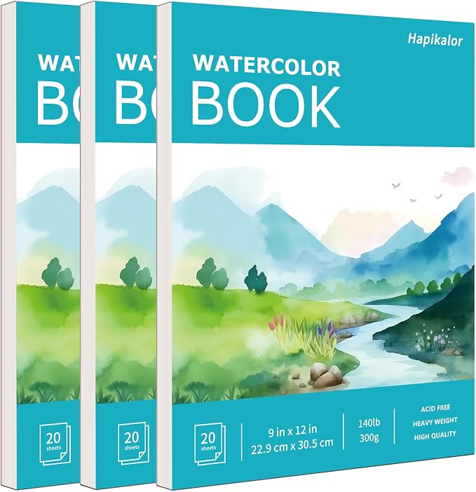 Hapikalor 3-Pack 9"x12" Watercolor Paper, 140lb/300g Water Color Paper Teal | Artist Painting Drawing Paper Book, Art Supplies for Adults Kids, Watercolors, Watercolor Paint Set, Sketchbook, Journal