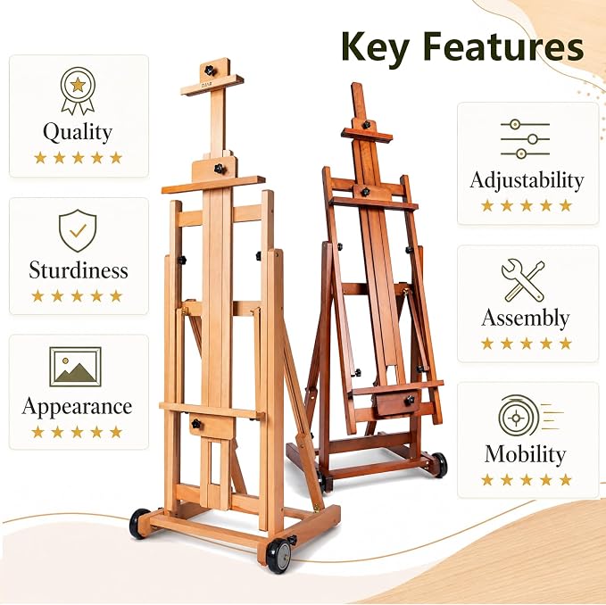 DJAR Large H-Frame Painting Easel for Adults, Solid Beech Wood, Natural | Movable & Tilting Flat Floor Stand, Holds Canvases up to 78", Adjustable Heavy Duty Studio Art Easel for Artists