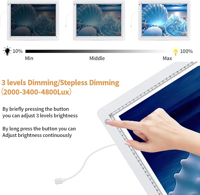Zocelight A3 Light Pad for Diamond Painting Kit,4800Lux Super Bright 5mm Ultra Thin Diamond Art Light Board with Stand and Clip,3 Levels Dimming Light Box for Drawing,Sketching,Animation(White)