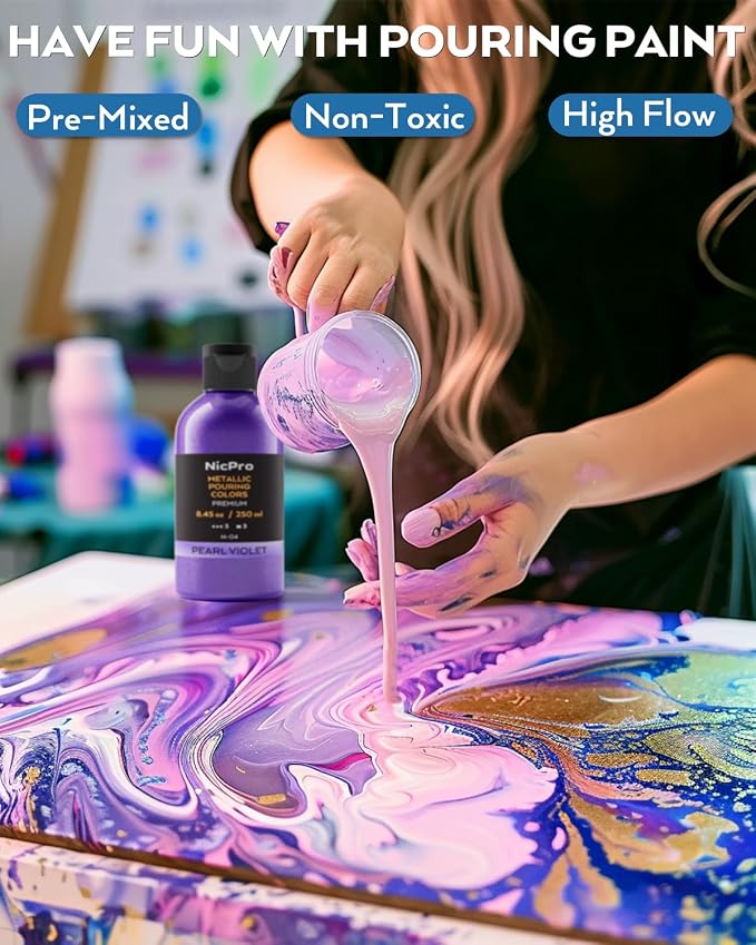 Nicpro 8 Colors 8.45oz Large Volume Metallic Acrylic Pour Paint Kit
