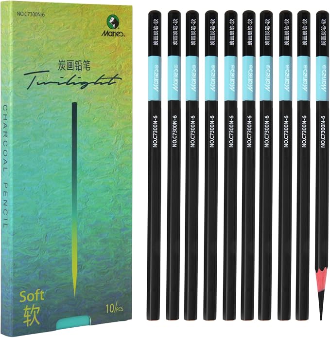 Marie's Charcoal Pencils for Drawing, 10 Pieces, Extra Hard Hard Medium Soft Extra Soft, Sketching Pencils for Artists, Smooth Charcoal Core for Layering, Blending and Detailed Artwork(Soft)