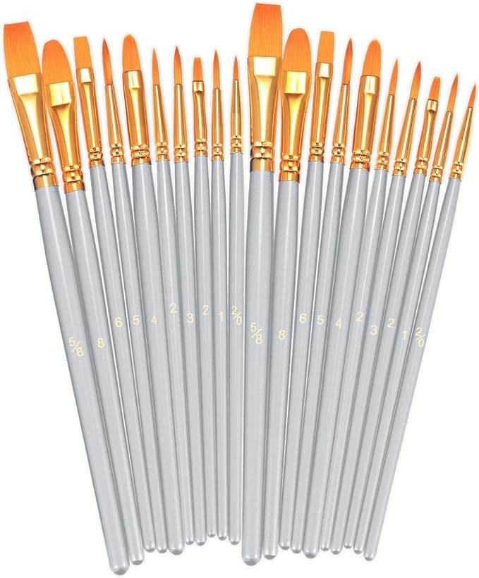 BOSOBO Paint Brushes Set, 20 Pcs Small Paint Brush Kit Round Flat Tip Nylon Hair, for Acrylic Painting, Watercolor, Oil Painting, Kids Face Nail Art Canvas Rock Craft, Art Supplies, Silver Gray