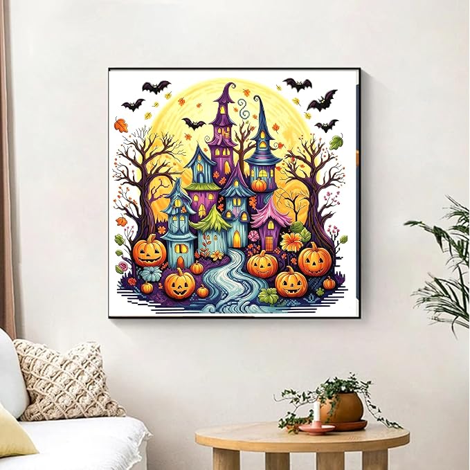 AIBOERL Diamond Art Kits for Adults，Halloween Diamond Painting Wall Decor | Round Drill Spooky Village Diamond Painting for Beginners DIY Rhinestone 5D Diamond dots(Gemstone Craft)Wall Art Gift 12x16IN