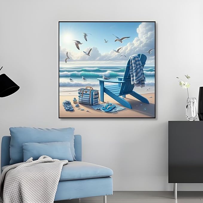 OJTOYART Beach Scenery Diamond Art Kits for Adults, 5D Deck Chair Diamond Painting Kits for Beginners,Scenery DIY Full Drill Gem Painting for Relaxation and Home Wall Decor 12 x 16 inch