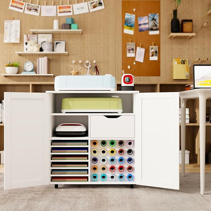 Craft Cart Cabinet Compatible with Cricut for Storage Organization, Rolling Craft Cabinet Table Stand Workstation with Vinyl Roll Holder with Wheels for Craft Room Organizer 31.6"W x 15.8"D x 33.7"H