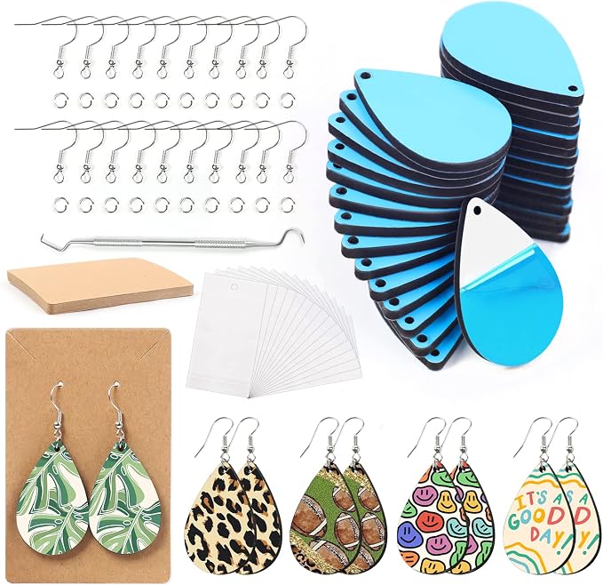 HTVRONT Sublimation Earring Blanks Bulk - 30 Pcs Wood Earrings Blanks with Blue Protective Film - Unfinished MDF Teardrop Earrings for Sublimation Printing with Template, Weeder, Hooks, Jump Rings