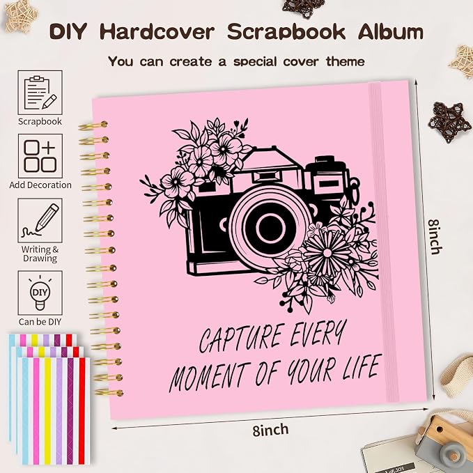 Scrapbook Album 8x8 inch, Travelling Journal Scrap Book Family Scrapbook Scrapbooking Supplies Kits Gift for Couples Anniversary Wedding (pink, 8 x 8 inch)