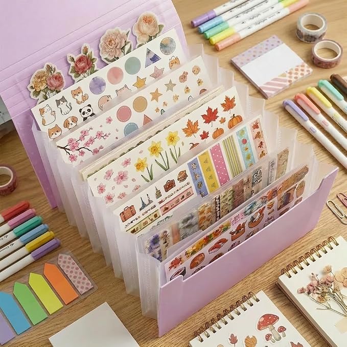 Sticker Storage Organizer with 7 Expandable Pockets, Multi-Layer Desktop Sticker Binder for Scrapbook Essentials and Journal Organizer, Large Capacity for Thick Sticker Album, Washi Tape(Light Purple)