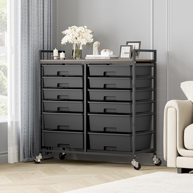 TOOLF 12 Drawers Rolling Storage Cart with Wooden Top for Classroom, Black | Teacher Cart Craft Art Supply Organizer, Utility Cart with Lockable Wheels for Home Household Essentials, Office Organization
