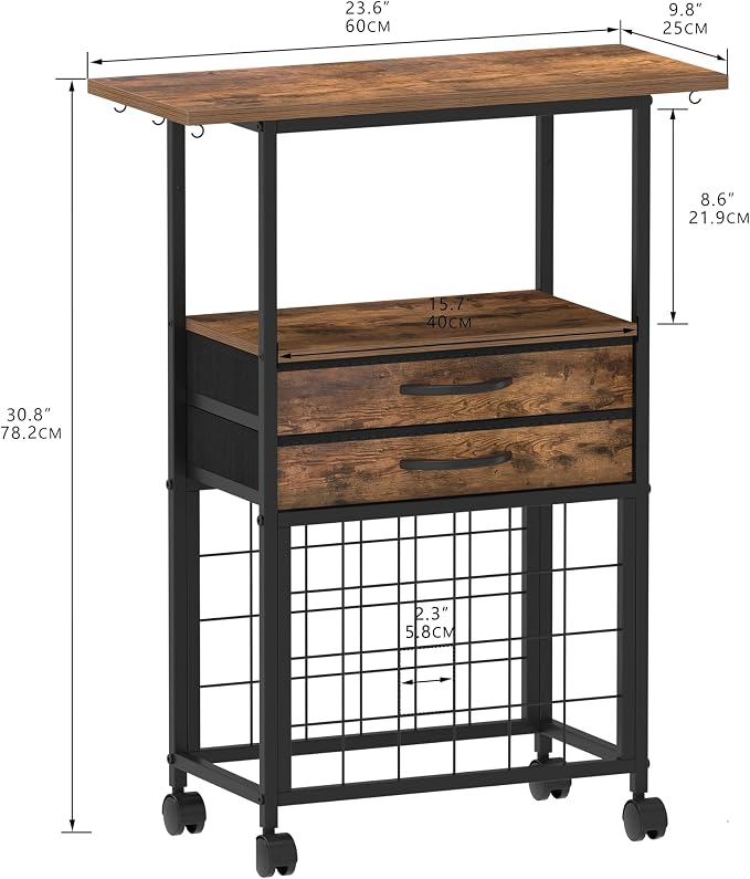 VENNQD Organizer and Storage Stand Compatible with Cricut Machines,Rolling Storage Cart/Shelf with 24 Vinyl Roll Holders，2 Fabric Drawer,Accessories Holder,Tool Hook for Craft Room Home (Rustic Brown)