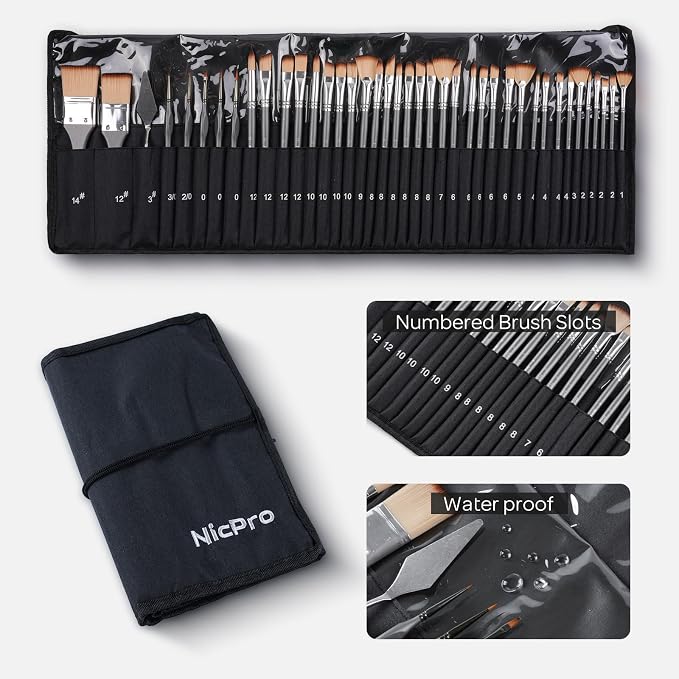 Nicpro 40 PCS Paint Brush Set, Professional Acrylic Paint Brushes | Suitable for Acrylic Painting, Oil, Watercolor, Gouache, Includes Palette Knife & Canvas Roll, Painting Supplies for Artist