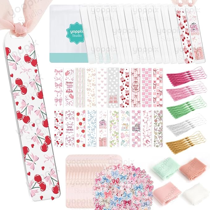 YOPPIX 180 Pcs Acrylic Bookmark Blanks- 20 Set Bookmark Making Kit with 20 UV DTF Stickers About Bow Theme 20 Tassels 20 Ribbon 80 Bookish Stickers for DIY Your Crafts Gift for Book Lover