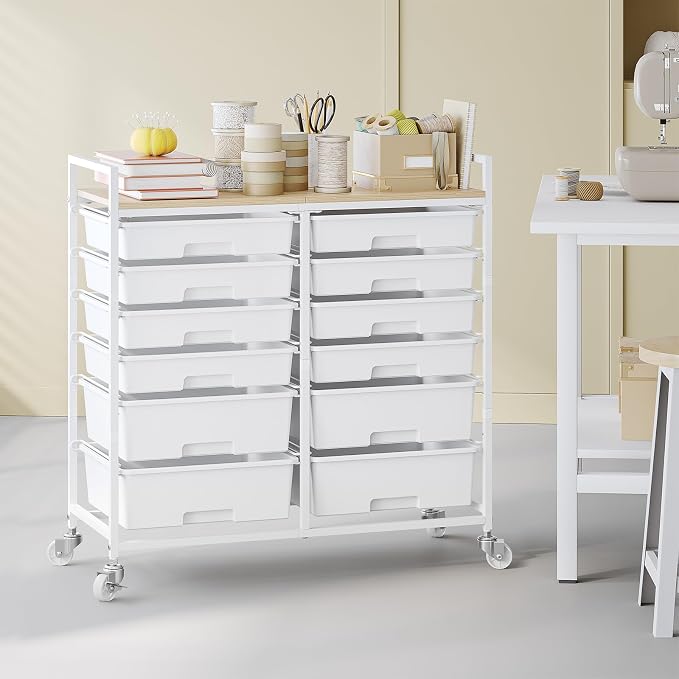 TOOLF 12 Drawers Rolling Storage Cart with Wooden Top for Classroom,White | Teacher Cart Craft Art Supply Organizer, Utility Cart with Lockable Wheels for Home Household Essentials, Office Organization