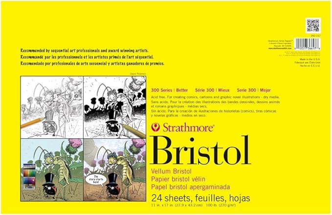 Strathmore 300 Series Bristol Paper Pad, Vellum, Tape Bound, 11x17 inches, 24 Sheets (100lb/270g) - Artist Paper for Adults and Students - Charcoal, Pen and Ink, Marker, and Pastel