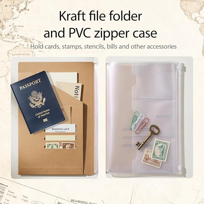 2PACK A5 Size Travelers Journal Notebook Accessories Inserts Kit | Kraft File Folders, PVC Zipper Pouches, Pen Holders, Binder Clips, Elastic Bands for Travel Journal Organizer