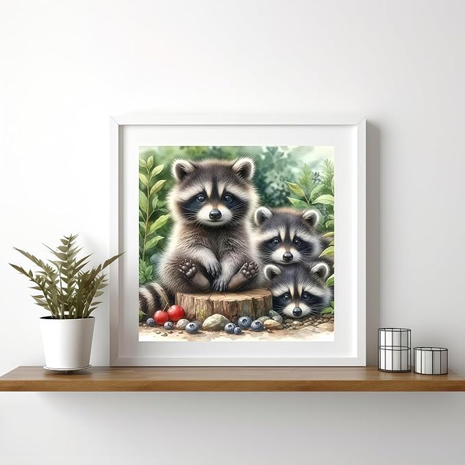 5D Animals Diamond Painting Kits for Adults,Raccoon Family Diamond Art Kits | DIY Full Drill Diamond Dot Gem Painting for Home Wall Decor 13.78x13.78inch