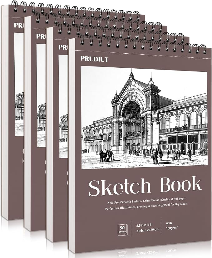 4 Pack Sketch Book 8.5 × 11 in, Spiral Bound, 50 Sheets, Acid-Free | 100gsm Paper, Perforated Pages, Sturdy Backboard, Ideal for Pencil Charcoal Pastel And Sketching