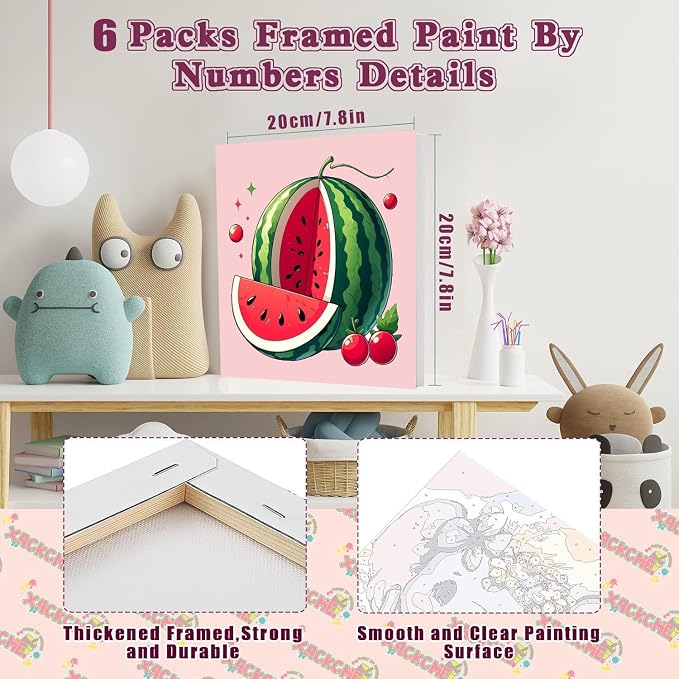 SYDYLH 6 Pack Framed Paint by Numbers Kit for Kids,Easy Acrylic Paint by Numbers Kits on Canvas,Fruit Oil Painting Paint by Number for Adults Beginners for Home Wall Decor (8x8inch)
