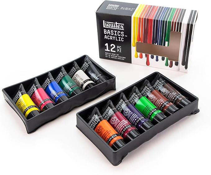 Liquitex BASICS Acrylic Paint Set, 12 x 22ml (0.74-oz) Tube Paint Set | Medium Viscosity, Satin Finish, Lightfast, Fine Art Pigments, Range of Opacities, Easy Blending