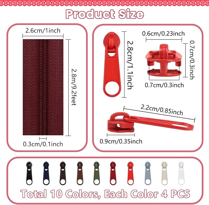 DOITEM 31 Yards 10 PCS Sewing Zippers #3 Nylon Coil Zippers Assorted Zipper for Sewing with 40 Zipper Sliders for DIY Tailor Sewing Crafts Supplies, 10 Colors