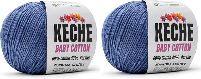 Keche Baby Cotton, 60% Cotton 40% Acrylic Yarn, Soft Cotton Yarn for Crochet and Knitting, Amigurumi Yarn 4 Skeins/Balls [1.76 Oz (50g) / 180 Yrds (165m)] x 2 Denim Blue