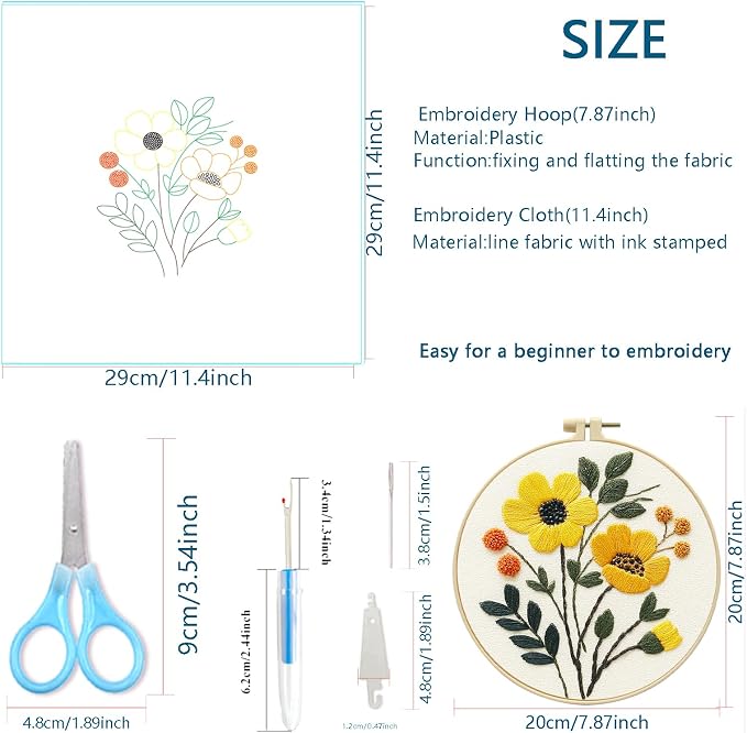 Zhenqing 4-Piece Floral Embroidery Kit for Beginners - Complete Set with Printed Cotton Fabric, Hoop, Threads & Tools (C0155)
