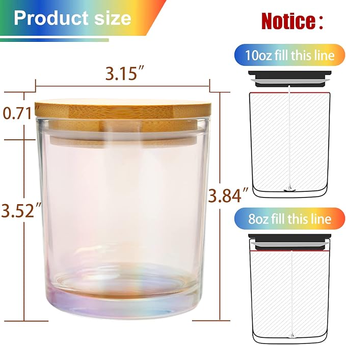CONNOO 12 Pack 10 OZ Iridescent Glass Candle Jars | Airtight Bamboo Lids Nice Sticky Warning Labels for Candle Making Empty Container Bulk - Dishwasher Safe