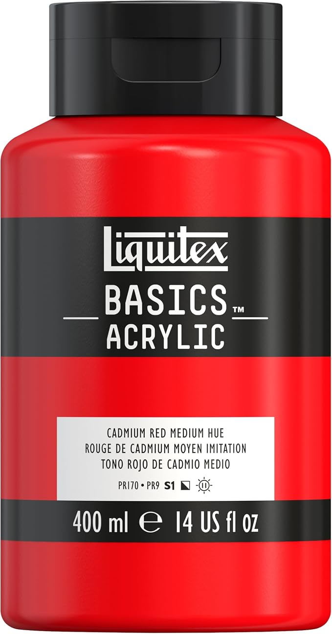 Liquitex BASICS Acrylic Paint, 13.5-oz Bottle, Cadmium Red Medium Hue | Medium Viscosity, Satin Finish, Lightfast, Fine Art Pigments, Range of Opacities, Easy Blending