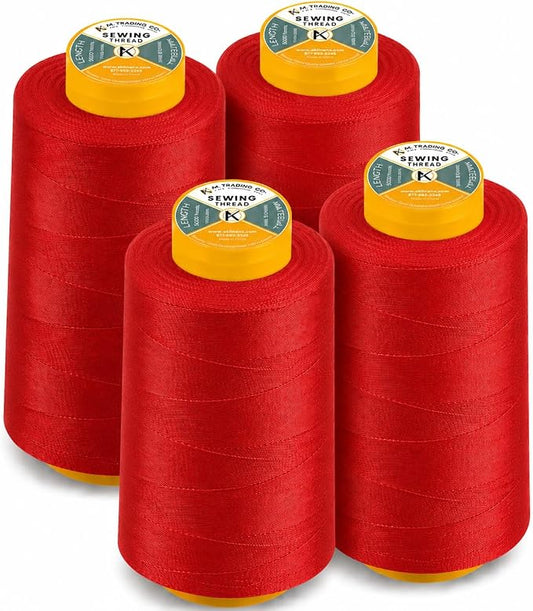 AK TRADING CO. 4-Pack Red All Purpose Sewing Thread Cones (6000 Yards Each) of High Tensile Polyester Thread Spools for Sewing, Quilting, Serger Machines, Overlock, Merrow & Hand Embroidery