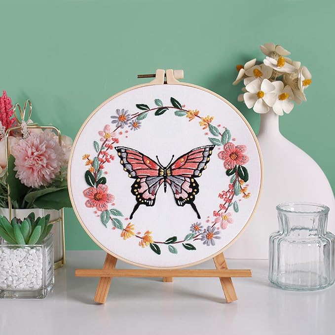 GLTAYLMY Butterfly Embroidery Kit for Beginners Adults, 3 Sets Hand Embroidery Starter Kit with Flower Pattern and Instructions Stamped Cross Stitch Kits Include Embroidery Hoop Needles Threads