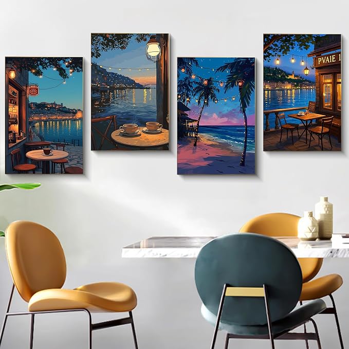 4 Pack Framed Paint by Numbers Kit for Adults Coffee with Wooden Easel | With Frame Canvas 8x12 IN, For Adults Beginner, DIY Acrylic Painting Landscape, Stress Relief Craft Kit, Home Wall Decor Gift