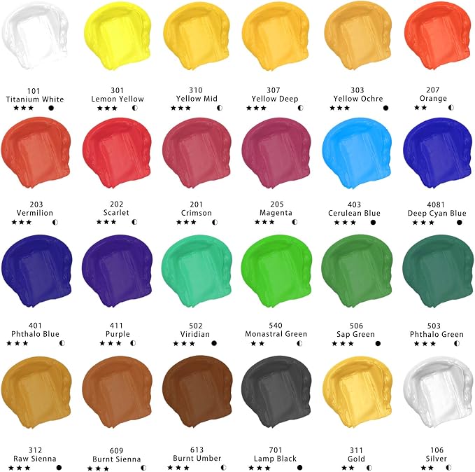 Artecho 24 Colors Acrylic Paint 60ml / 2.02oz Tube | Semi Glossy Finish, High Pigment Rich Color Craft Paint for Canvas, Rocks, Wood, Fabric, Ceramic, Non-Toxic