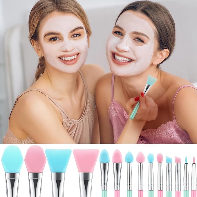 14PCS Silicone Brush Applicator Kit, Resin Brush Applicator UV Resin Brushes Applicators Jelly Brushes Applicators for Cream Makeup Products and Epoxy Art Crafting, Green/Pink