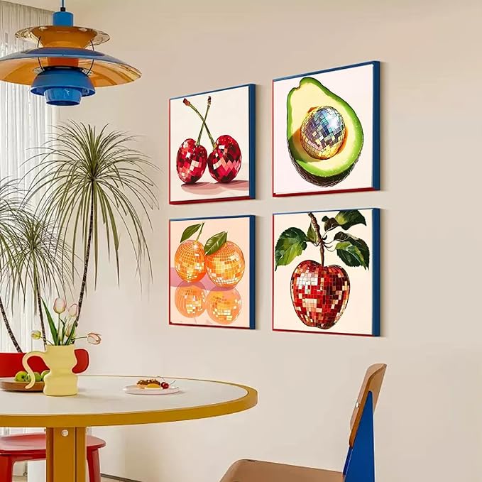 AIBOERL 4 Pack Diamond Art Kits for Adults,Fruits Diamond Painting | Round Drill Disco Fruits Diamond Painting for Beginners DIY Rhinestone 5D Diamond dots(Gemstone Craft)Wall Art Gift 12x16IN