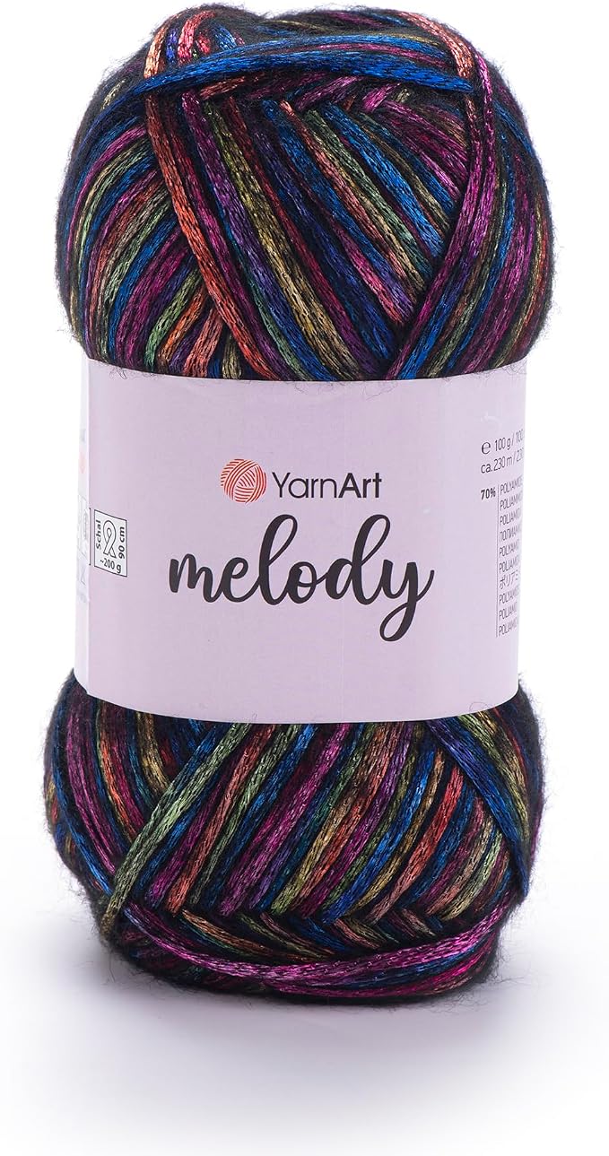YarnArt Melody Variegated Chainette – Metallic Sheen Fiber for Knitting, Crochet & Embroidery, 100g (3.5 oz) Skein, 230m (251 yd), Premium Blend of 70% Polyamide 21% Acrylic 9% Wool (901)