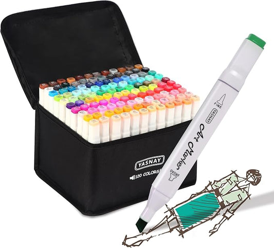 YASNAY Alcohol Markers 120 Colors Dual Tip Fine & Chisel Art Markers Set | Confirm to ASTM D4236 Refillable Permanent Alcohol Based Markers Set for Artists Beginners Drawing Illustration Sketching