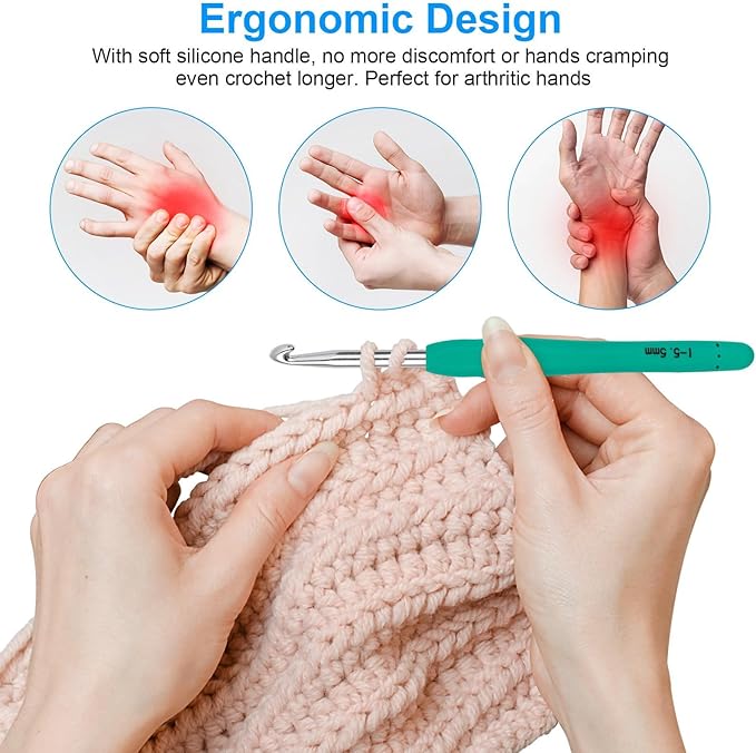 Crochet Hooks 9 Sizes Crochet Hook Set, 49 Pack Yarn Crochet Kit for Beginners, Knitting Needles with Ergonomic Handles for Arthritic Hands, Crochet Needle Kit with Blue Case for Crocheters