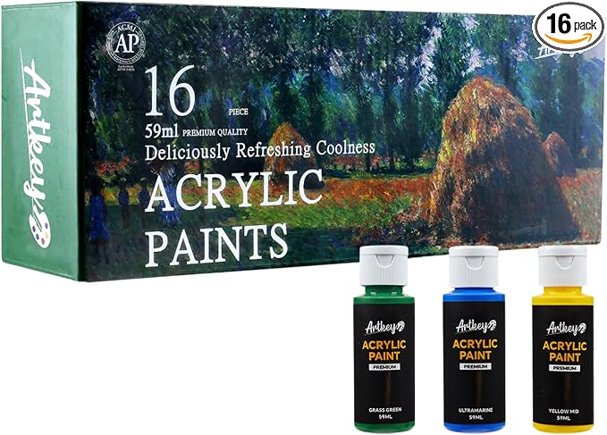 Artkey Acrylic Paint Set, 16 Colors 2 oz/59 ml Acrylic Paint Kit for Professional Artists & Beginners – Summer Bold Art & Craft Supplies for Canvas, Wood, Fabric, Rock, Leather, Ceramic, Glass
