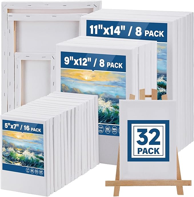 Halobios 32 Packs Professional Stretched Canvas for Painting, Blank Canvas Art with 5 * 7in, 9 * 12in, 11 * 14in, Value Pack for Acrylic, Oil, Acrylic Pouring