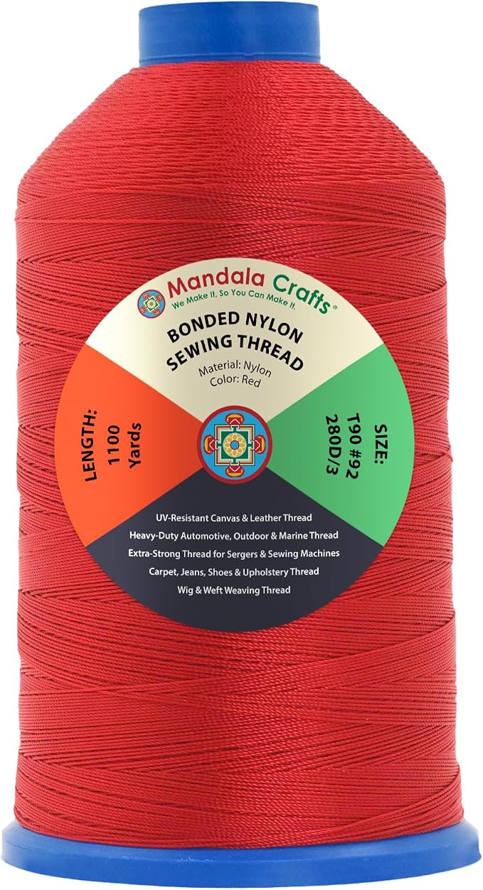 Mandala Crafts Size 92 280D T90 Red Bonded Nylon Thread, 1100 YDs