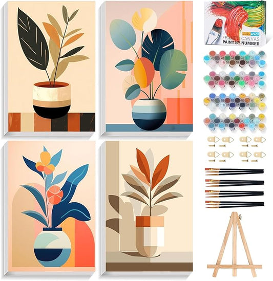 4 Pack Framed Paint by Numbers Kit for Adults with Wooden Easel, 8x12 Inch | Potted Plant, Easy DIY Acrylic Canvas Craft Kit with Frame for Beginners, Home Decor, Stress Relief Relaxing Hobby Gift