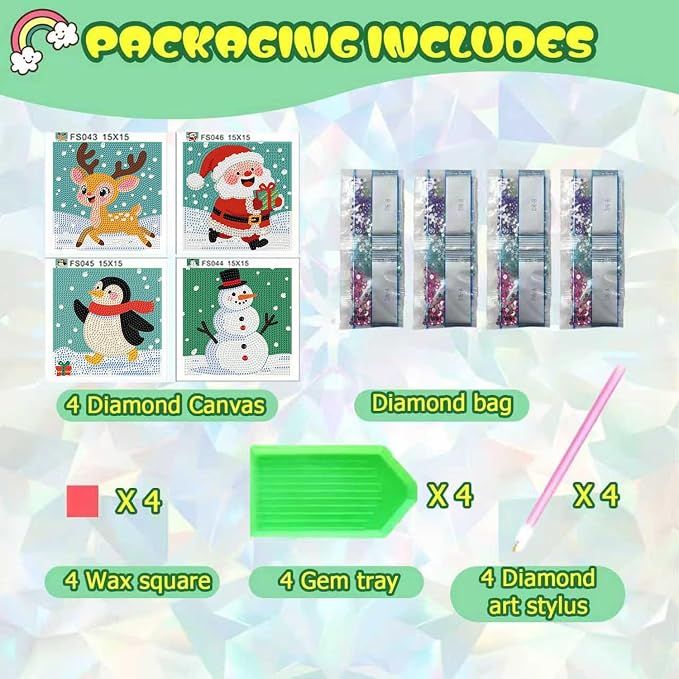 ICYANART 4 Pack Christmas Diamond Art Painting Kits for Kids 6x6 Inch | Christmas Diamond Art Kits for Kids Ages 4-8-12, Small Diamond Art Kits, Arts and Crafts for Kids(no Frame)