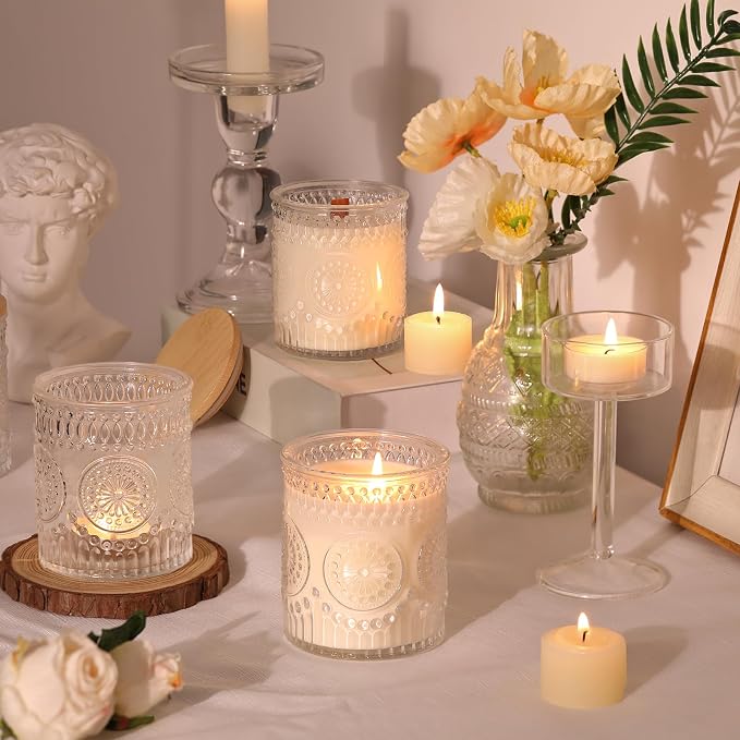 DARJEN 10 Pcs 8oz Glass Candle Jars with Lids, Candle Tins-Clear | Premium Thick Glass, Secure Wooden Lids- Candle Jars for DIY Candle Making, Stunning Sunflower Design