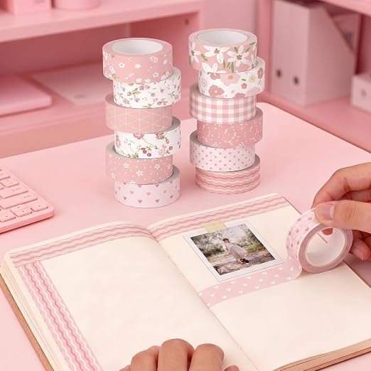 12 Rolls Floral Washi Tape Set,Pink,Sweet | Watercolor Flowers Design for Scrapbook Journal DIY Craft School Supplies, 15 mm Vintage Decorative Masking Washi Tapes