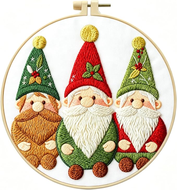 Zhenqing Christmas Gnome Embroidery Kit for Beginners, 3 Gnomes Needlework Kit with Pre-Printed Cotton Fabric, Hoop, Threads & Tools (C0028)