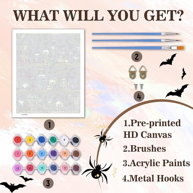 PHANTASYART Gothic Bookshelf Paint by Numbers Kit for Adults 16x20inch | Bookshelf Paint by Number Adult, Goth Skull Painting by Numbers for Adults, DIY Acrylic Painting Kits for Adults